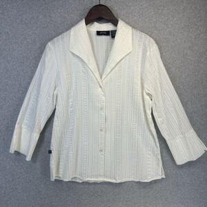 Allison Morgan Blouse Womens Large White Textured Button Up Stretch V-Neck